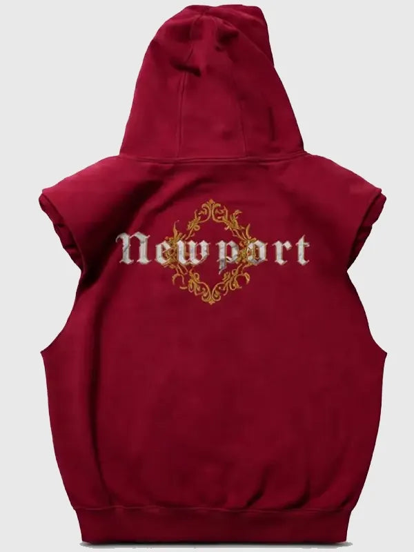 Newport Coachella 2026 Sleeveless Hoodie featuring Justin Bieber branding, soft fleece texture, and contemporary music festival styling


