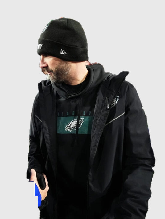 Black hooded full-zip jacket inspired by Nick Sirianni Philadelphia Eagles style with modern sportswear appeal