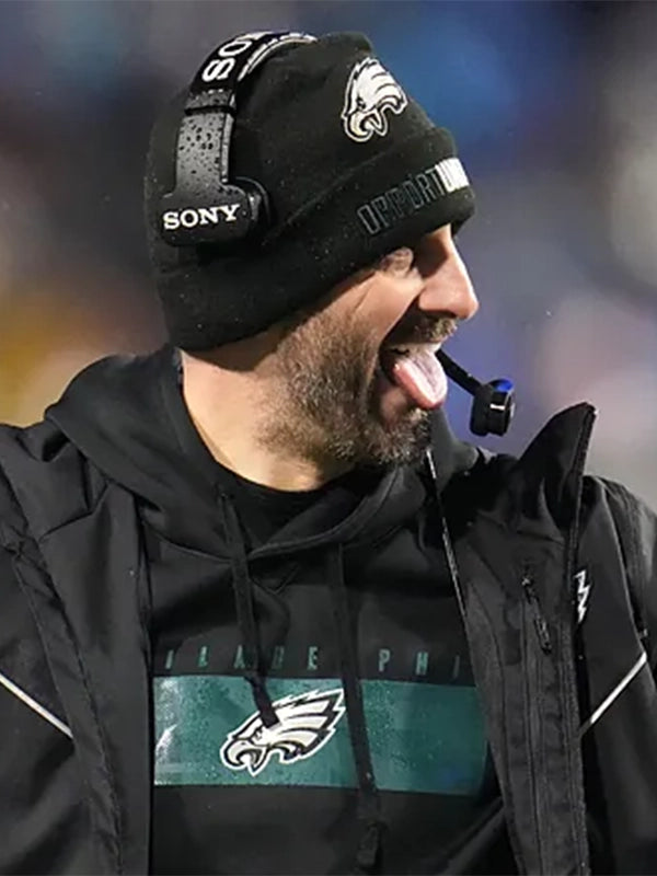 Black full-zip hooded jacket recreated from Nick Sirianni Eagles look with streamlined athletic design