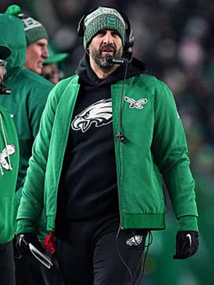 Nike Philadelphia Eagles 2025 sideline bomber jacket in Kelly Green worn by Coach Nick Sirianni