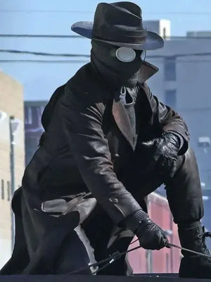 Brown leather trench coat inspired by Nicolas Cage Spider Noir 2026 Ben Reilly character, classic lapel collar and button closure