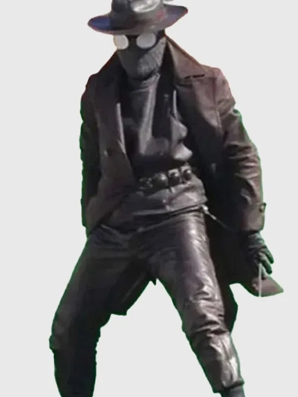 Vintage style brown leather coat based on Nicolas Cage Spider Noir 2026 Ben Reilly wardrobe, full length and tailored fit
