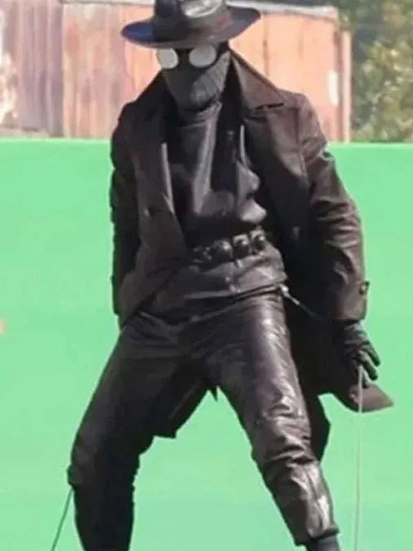 Nicolas Cage Spider Noir 2026 leather overcoat in brown with timeless noir aesthetic and durable construction