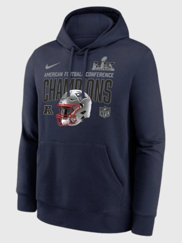 New England Patriots RECREATED 2025 AFC Champions Nike Glory Shield hoodie in a deep navy tone