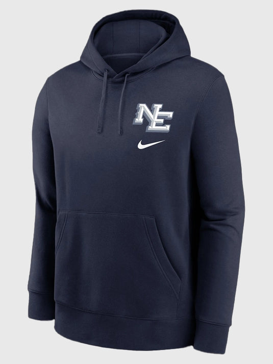 Navy fleece pullover hoodie by Nike for the New England Patriots designed with a streamlined casual look