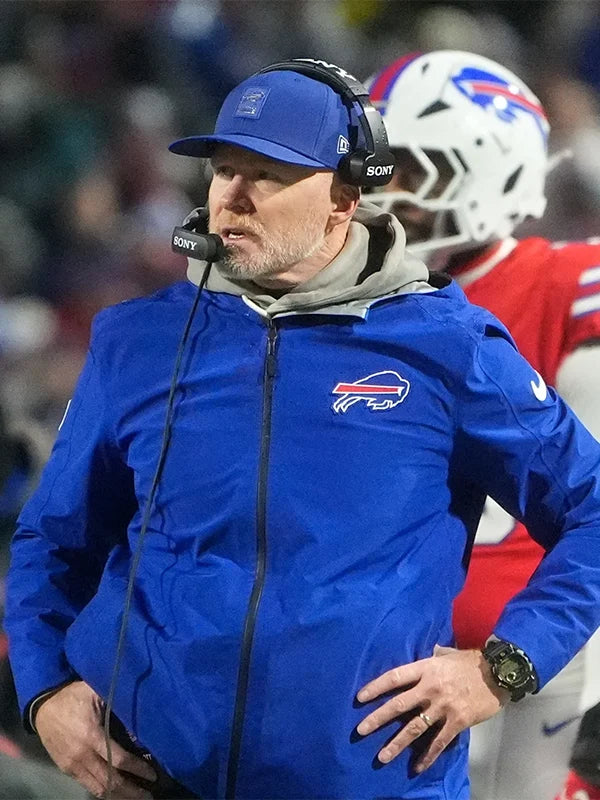Buffalo Bills blue hooded zip jacket inspired by Sean McDermott 2025 sideline look, recreation version