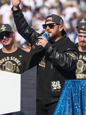 Recreation Dodgers 2025 Parade Jacket replicating Dave Roberts’ World Series celebration outfit with authentic finish.