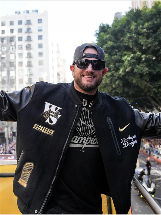 Dave Roberts Dodgers 2025 Parade Jacket Recreation highlighting championship-inspired embroidery and sleek outer design.