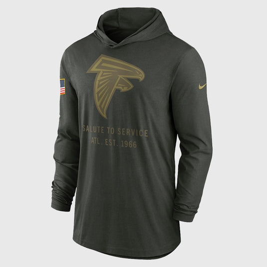 Nike 2025 Atlanta Falcons Salute to Service lightweight hooded T-shirt in forest green with moisture-wicking Dri-FIT technology.