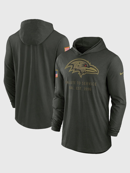 Nike Baltimore Ravens 2025 Salute to Service forest green hooded pullover T-shirt crafted from lightweight Dri-FIT fabric for comfort.