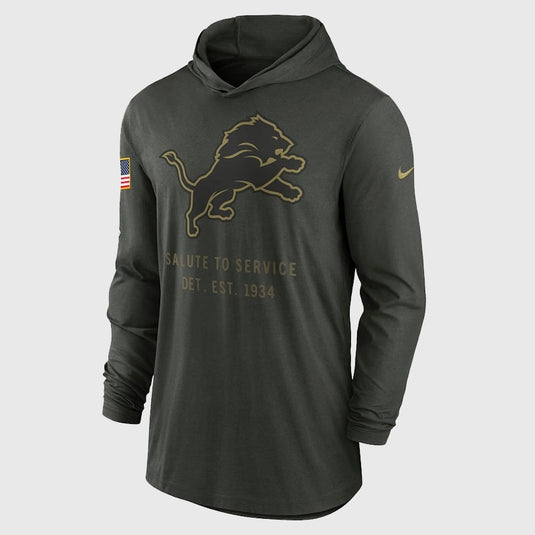 Forest green Nike Detroit Lions 2025 Salute to Service pullover hoodie designed for athletic wear and everyday comfort.