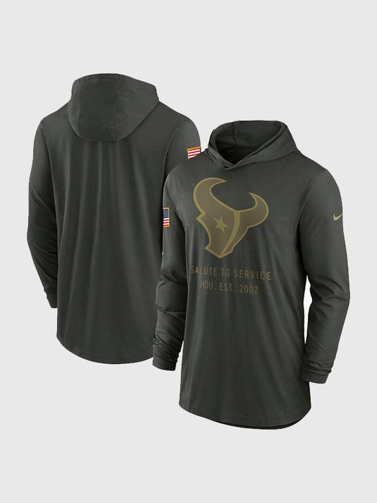 2025 Houston Texans Salute to Service forest green hoodie T-shirt by Nike featuring breathable sideline-inspired athletic design.
