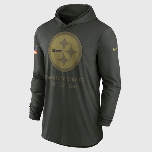 Pittsburgh Steelers 2025 Nike forest green Salute to Service hooded pullover combining team-inspired style with functional comfort.

