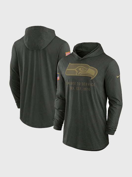 Nike Seattle Seahawks 2025 Salute to Service forest green hooded pullover T-shirt crafted with lightweight Dri-FIT fabric for comfort.