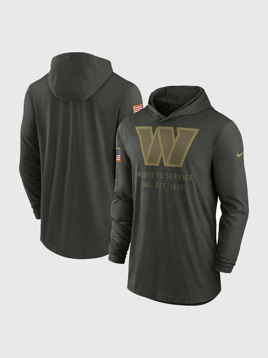 Nike Washington Commanders 2025 Salute to Service forest green hooded pullover T-shirt crafted with lightweight Dri-FIT fabric for comfort.