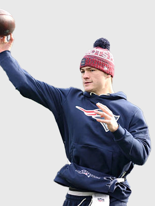 Recreated 2025 Patriots sideline Club pullover hoodie in navy blue with streamlined Drake Maye inspired design