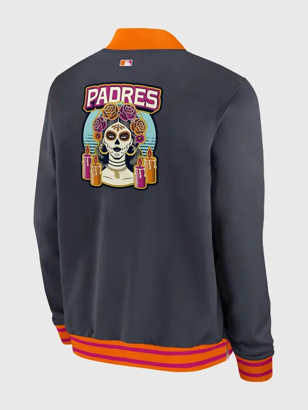 Recreated Nike San Diego Padres 2026 City Connect full-zip bomber jacket in black and orange with modern outerwear appeal