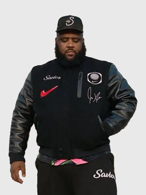 Jae Tips x Nike Savior Destroyer Black Wool and Leather Varsity Jacket offering durable construction with a stylish retro athletic look