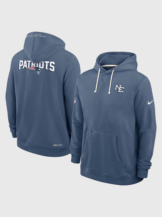 New England Patriots 2025 Rivalries sideline Nike pullover hoodie in storm blue with bold team detailing.