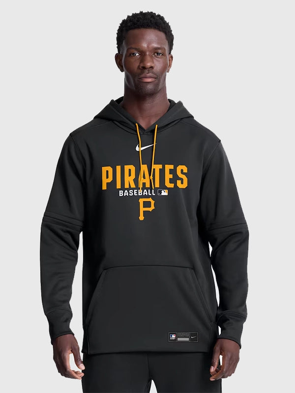 Black Pittsburgh Pirates Nike Therma-FIT hoodie recreated with warm fleece interior and modern athletic styling