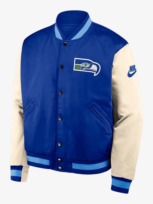 Royal blue and cream Seattle Seahawks full-snap bomber jacket from the Rewind Legacy line.