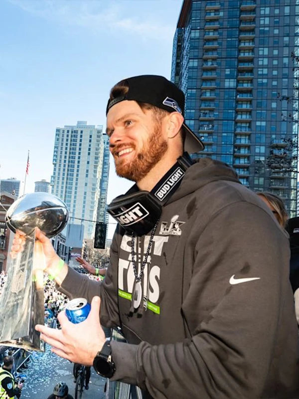 Recreated grey Champion pullover hoodie celebrating Seattle Seahawks Super Bowl LX win with Sam Darnold graphic accents