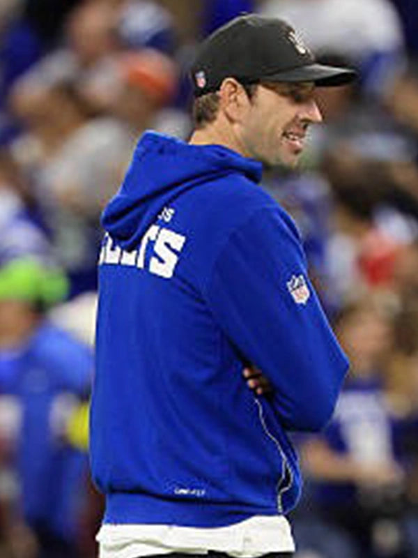 Blue recreated fleece hoodie inspired by Shane Steichen Indianapolis Colts sideline aesthetic with relaxed athletic fit
