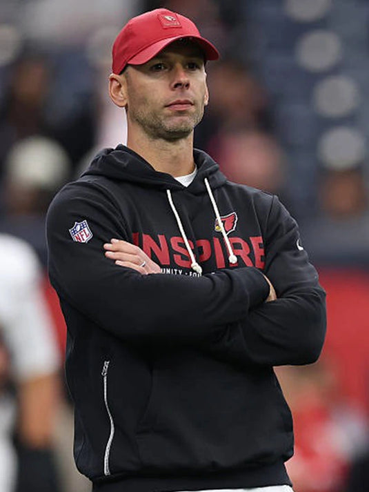 Jonathan Gannon Cardinals 2025 Inspire Change black Nike sideline hoodie featuring Opportunity Equity Freedom Justice lettering