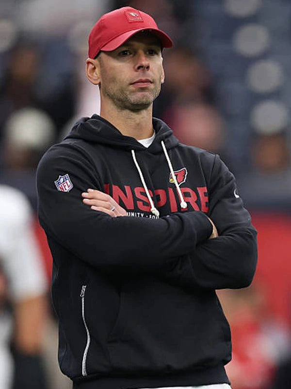 Jonathan Gannon Cardinals 2025 Inspire Change black Nike sideline hoodie featuring Opportunity Equity Freedom Justice lettering