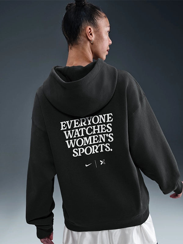 Women’s pullover hoodie inspired by Nike Everyone Watches and TOGETHXR collaboration with clean graphic design