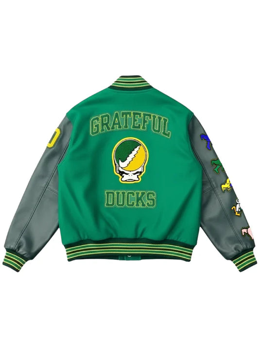 Green and gray jacket with 'Grateful Ducks' text and logo on a white background