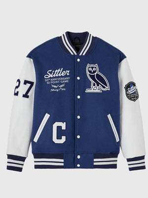 Recreated OVO 2026 Toronto Maple Leafs Darryl Sittler inspired wool varsity jacket in blue with leather sleeves