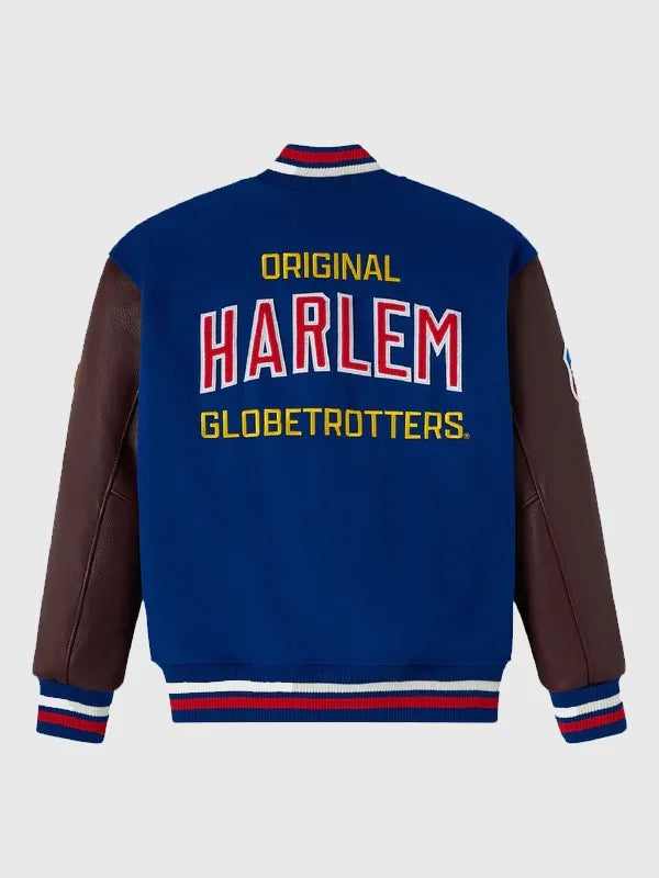 RECREATED OVO Harlem Globetrotters Blue & Brown Wool Varsity Jacket crafted with durable leather sleeves and a structured collegiate fit