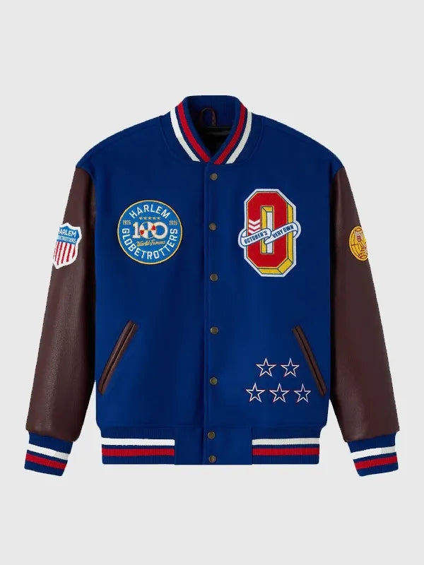 RECREATED OVO Harlem Globetrotters Wool Varsity Jacket with Leather Sleeves in Blue & Brown featuring a classic two-tone silhouette with premium wool and leather construction