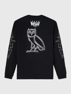 Rhea Ripley WWE x OVO Long-Sleeve Shirt featuring smooth finish, extended sleeves, and statement print accents