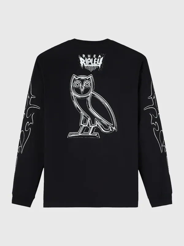 Rhea Ripley WWE x OVO Long-Sleeve Shirt featuring smooth finish, extended sleeves, and statement print accents
