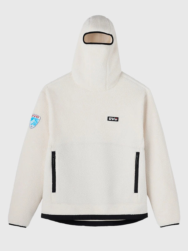 White RECREATED October's Very Own 2026 Winter Survival sherpa hoodie featuring full hood coverage