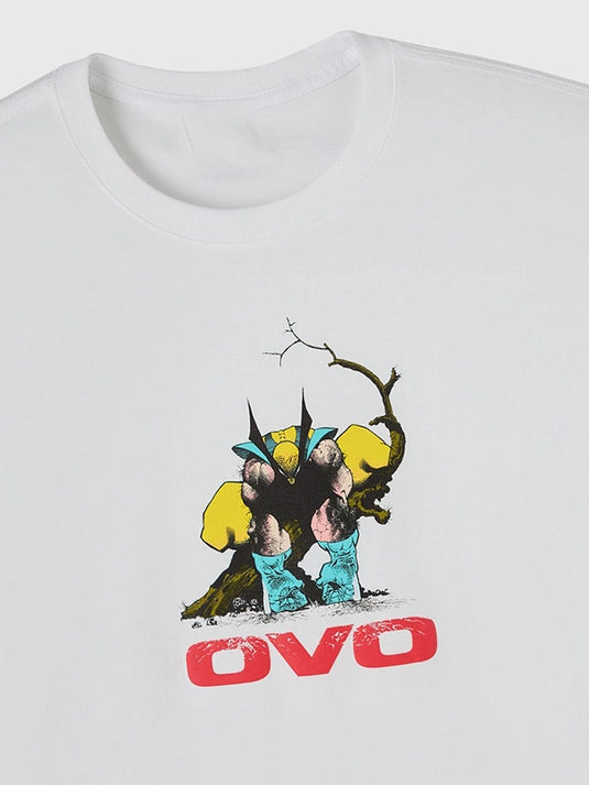 Recreated unisex white OVO x Marvel 2025 Wolverine T-shirt featuring clean print detail and casual styling