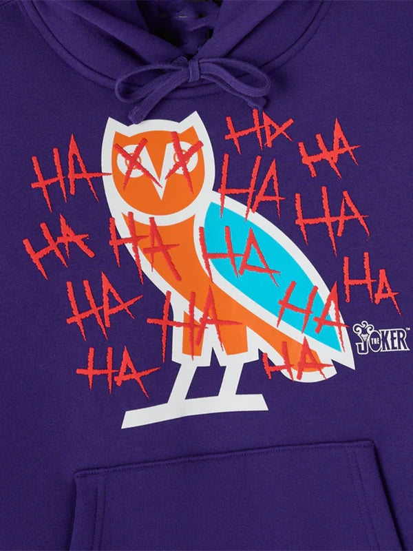 RECREATED October’s Very Own 2026 Purple Joker Defaced Hoodie combining cozy construction with a bold graphic street-style look