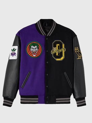RECREATED October’s Very Own 2026 Batman x Joker Black & Purple Split Varsity Jacket designed with a structured collegiate fit and striking dual-theme aesthetics