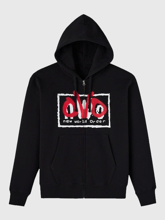 Recreated OVO x WWE New World Order hoodie in black featuring a zip-up fleece construction
