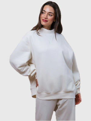 RECREATED Off-White Parke 2026 Bridal Classic Oversized Mockneck Fleece Sweatshirt designed with a relaxed fit and subtle minimalist aesthetic