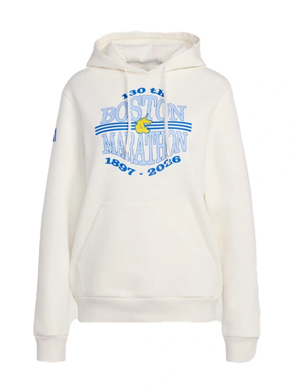 RECREATED fleece pullover hoodie by Adidas in off-white celebrating the Boston Marathon 2026 with detailed graphics