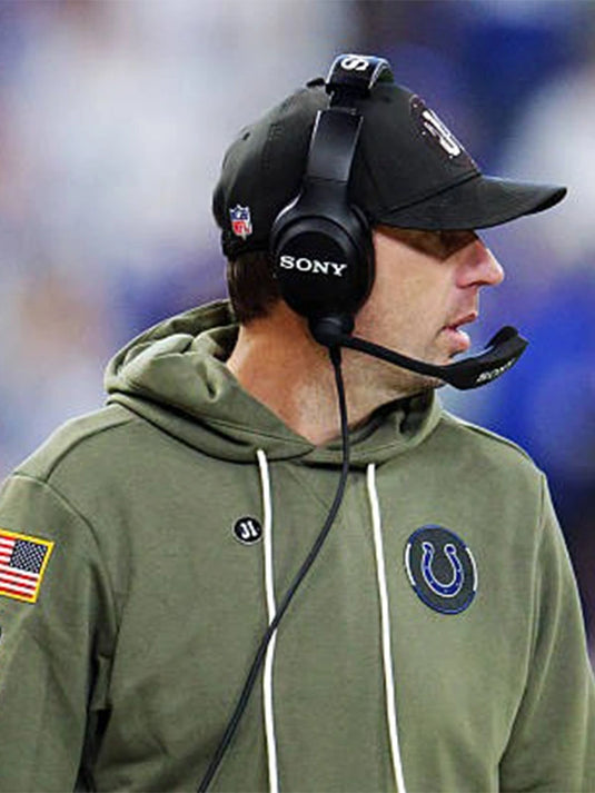 Indianapolis Colts Shane Steichen 2025 Fleece Hoodie in olive green with rib-knit cuffs and drawstring hood.