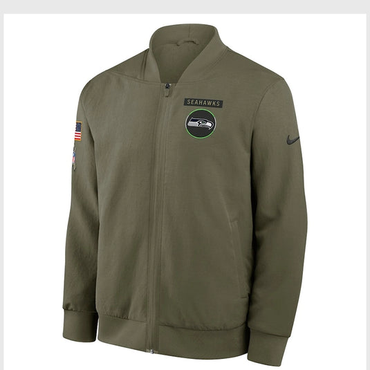 2025 Nike Salute to Service olive bomber jacket representing Seattle Seahawks with premium detailing and military-inspired style.
