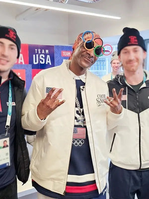 Team USA 2026 Snoop Dogg white satin bomber jacket crafted for mobility, shine, and modern sport-inspired appeal
