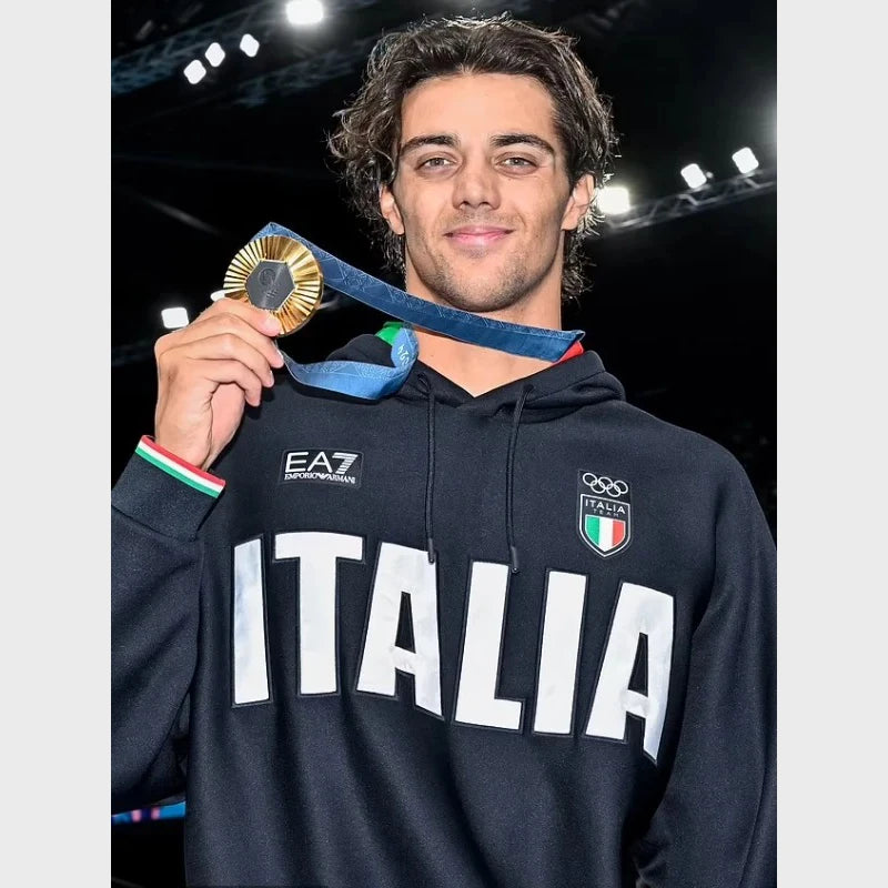 Black Italia fleece hoodie recreation featuring Paris Olympics–inspired styling and relaxed comfort