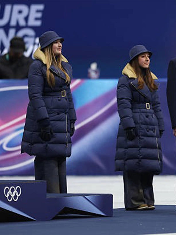 Recreated Winter Olympics 2026 Milano Cortina Victory Ceremony parachute puffer coat in navy blue with extended length and insulated design