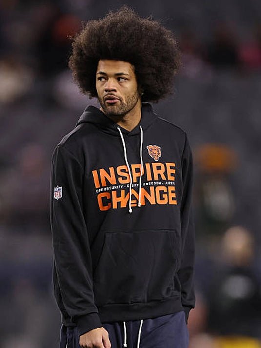 Chicago Bears 2025 Inspire Change black Nike sideline pullover hoodie featuring Opportunity Equity Freedom Justice lettering