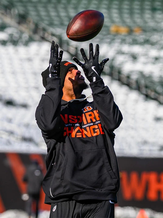 Cincinnati Bengals Inspire Change 2025 black hoodie by Nike showcasing Opportunity Equity Freedom Justice design